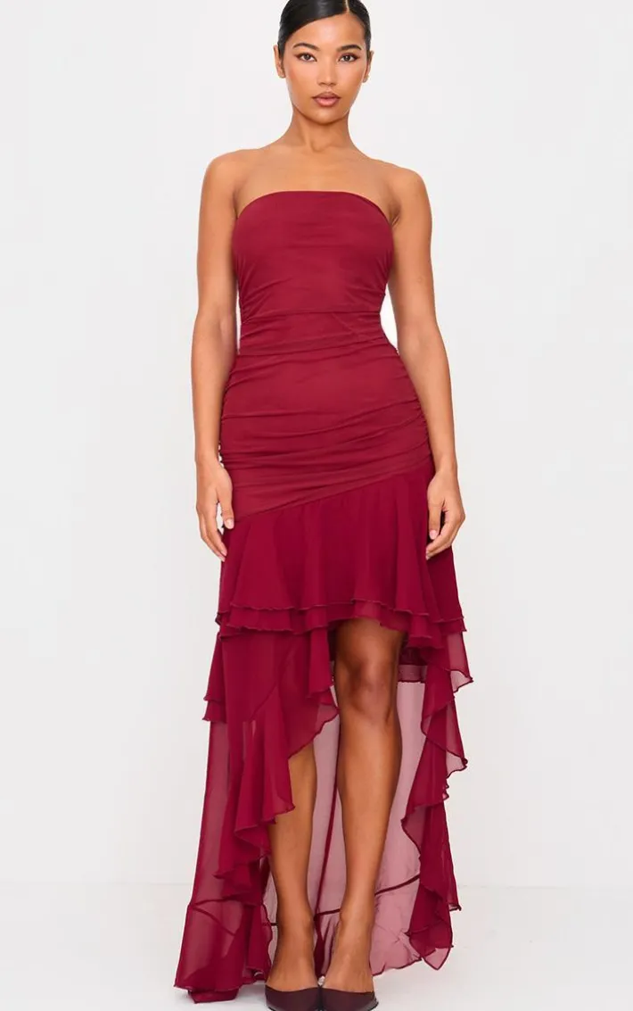 Burgundy Mesh Ruffle Detail Maxi Dress