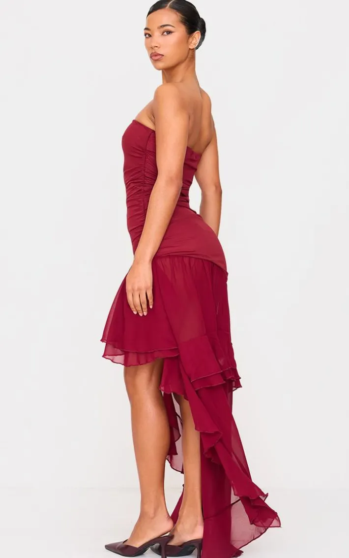 Burgundy Mesh Ruffle Detail Maxi Dress