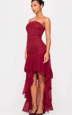 Burgundy Mesh Ruffle Detail Maxi Dress