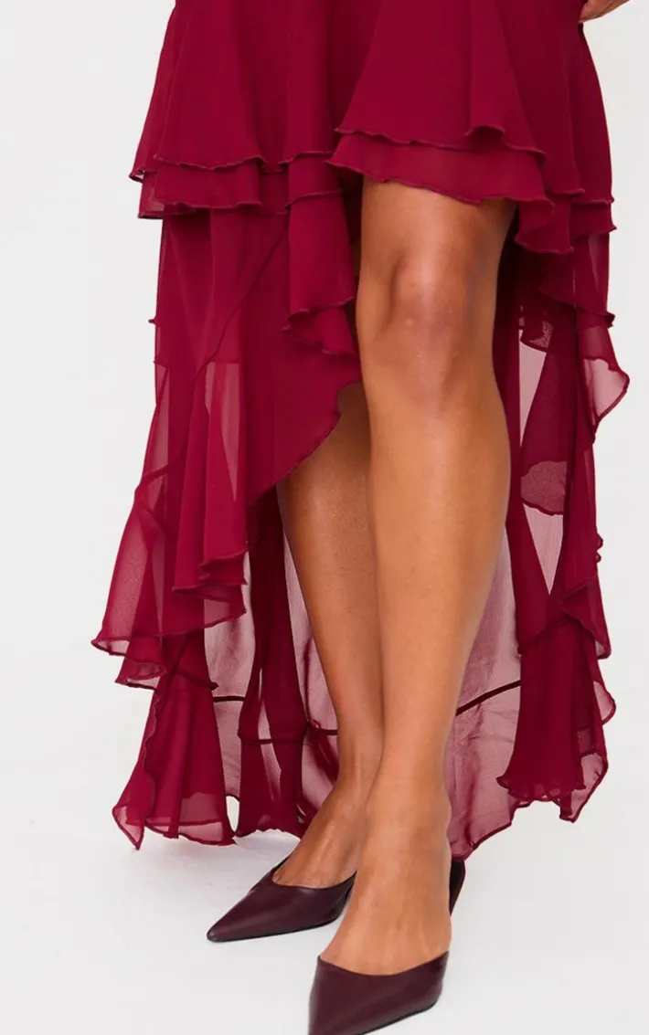 Burgundy Mesh Ruffle Detail Maxi Dress