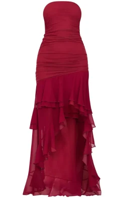 Burgundy Mesh Ruffle Detail Maxi Dress