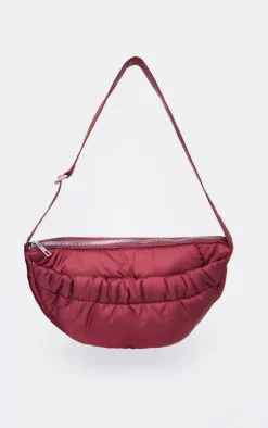 Burgundy Nylon Ruched Pocket Cross Body Bag