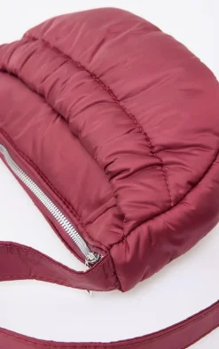 Burgundy Nylon Ruched Pocket Cross Body Bag