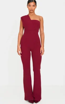 Burgundy One Shoulder Drape Detailed Jumpsuit