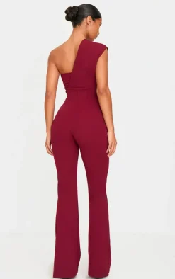 Burgundy One Shoulder Drape Detailed Jumpsuit