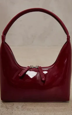 Burgundy Patent Simple Structured Double Zip Shoulder Bag