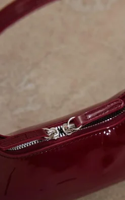 Burgundy Patent Simple Structured Double Zip Shoulder Bag