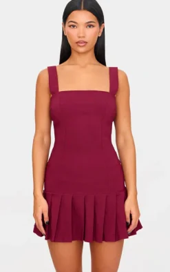 Burgundy Pleated Shift Dress
