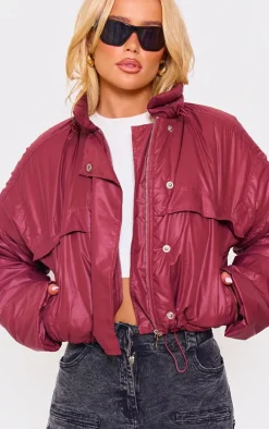 Burgundy Pocket Detail Lightweight Puffer Jacket