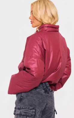 Burgundy Pocket Detail Lightweight Puffer Jacket