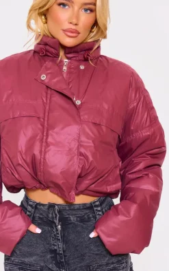 Burgundy Pocket Detail Lightweight Puffer Jacket