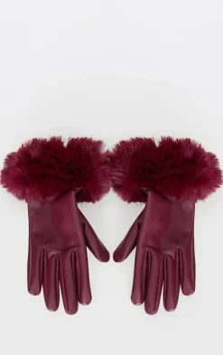 Burgundy PU Faux Fur Trim Gloves
