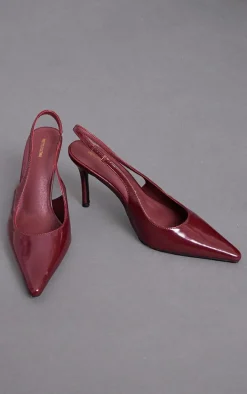 Burgundy Pu Point Toe Sling Back High Heeled Courts