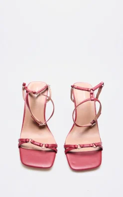 Burgundy PU Square Toe Buckle Detail Barely There Mid Heeled Sandals