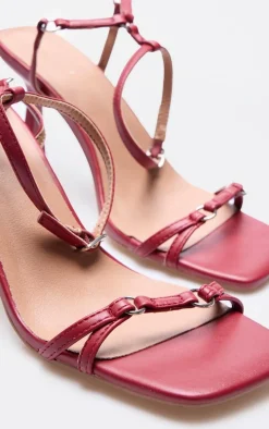 Burgundy PU Square Toe Buckle Detail Barely There Mid Heeled Sandals