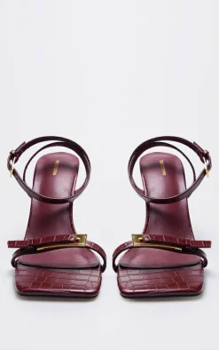 Burgundy PU Square Toe Double Buckle High Stiletto Heeled Sandals