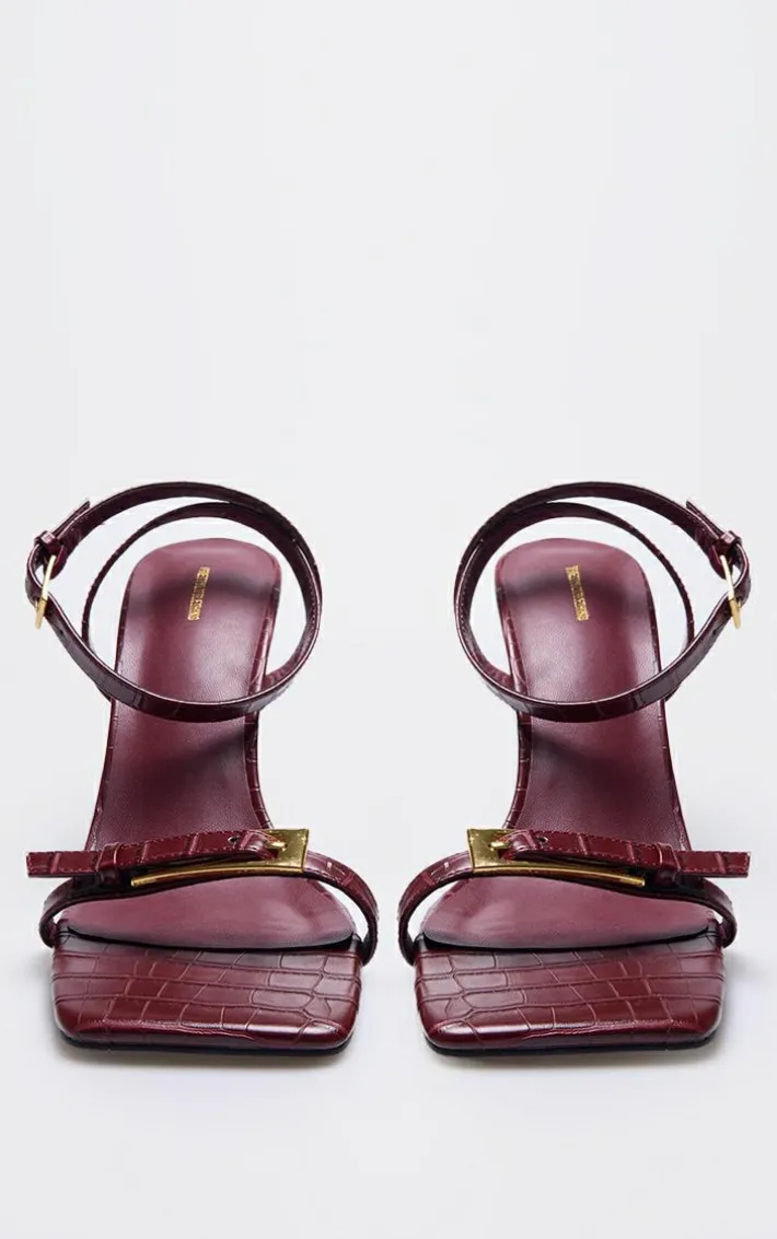 Burgundy PU Square Toe Double Buckle High Stiletto Heeled Sandals