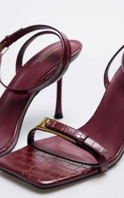 Burgundy PU Square Toe Double Buckle High Stiletto Heeled Sandals