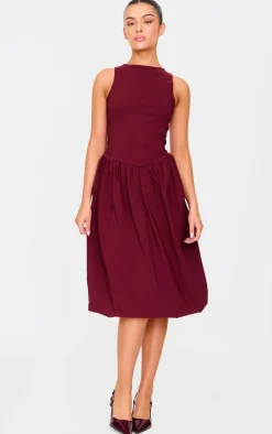 Burgundy Racer Drop Waist Puffball Midi Dress
