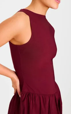 Burgundy Racer Drop Waist Puffball Midi Dress