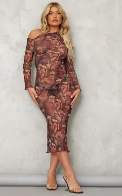 Burgundy Renaissance Print Mesh One Shoulder Ruched Side Midaxi Dress