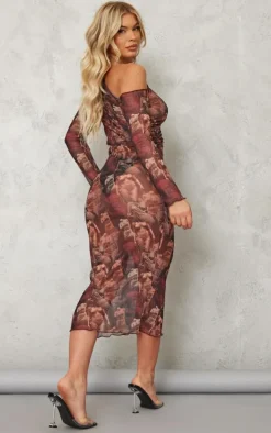 Burgundy Renaissance Print Mesh One Shoulder Ruched Side Midaxi Dress