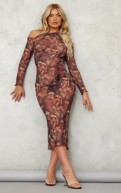 Burgundy Renaissance Print Mesh One Shoulder Ruched Side Midaxi Dress