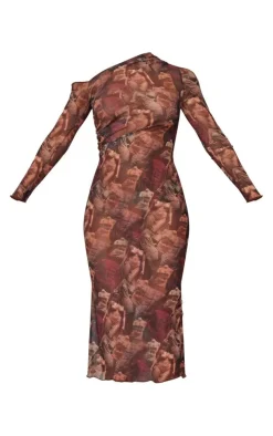 Burgundy Renaissance Print Mesh One Shoulder Ruched Side Midaxi Dress