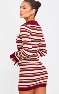 Burgundy Rib Knit Stripe Asymmetric Button Mini Dress