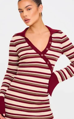 Burgundy Rib Knit Stripe Asymmetric Button Mini Dress