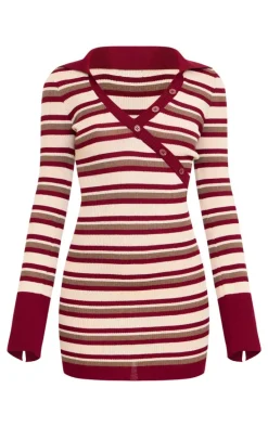 Burgundy Rib Knit Stripe Asymmetric Button Mini Dress