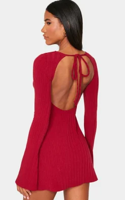Burgundy Rib Tie Cut Out Back Bodycon Dress