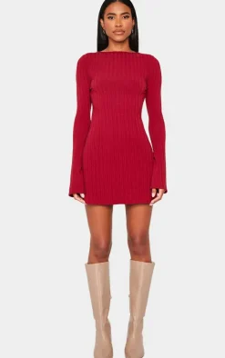 Burgundy Rib Tie Cut Out Back Bodycon Dress