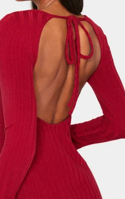 Burgundy Rib Tie Cut Out Back Bodycon Dress