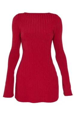 Burgundy Rib Tie Cut Out Back Bodycon Dress