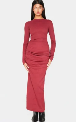 Burgundy Ribbed Ruched Detail Long Sleeve Maxi