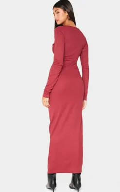 Burgundy Ribbed Ruched Detail Long Sleeve Maxi