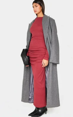 Burgundy Ribbed Ruched Detail Long Sleeve Maxi