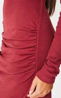 Burgundy Ribbed Ruched Detail Long Sleeve Maxi
