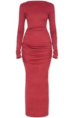 Burgundy Ribbed Ruched Detail Long Sleeve Maxi