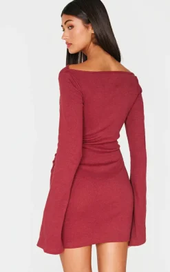 Burgundy Ribbed Ruched Detail Flare Sleeve Mini Dress