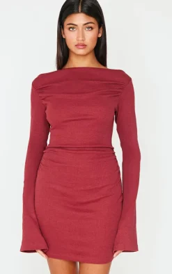 Burgundy Ribbed Ruched Detail Flare Sleeve Mini Dress
