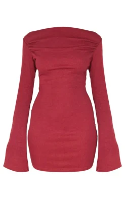 Burgundy Ribbed Ruched Detail Flare Sleeve Mini Dress