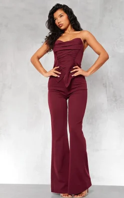 Burgundy Ruch Pointed Corset Bandeau Jumpsuit