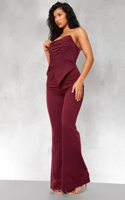 Burgundy Ruch Pointed Corset Bandeau Jumpsuit