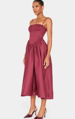 Burgundy Ruched Bust Corset Strappy Midaxi Dress