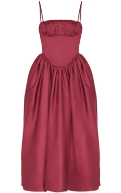 Burgundy Ruched Bust Corset Strappy Midaxi Dress