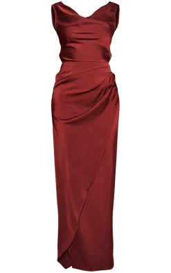 Burgundy Satin Cowl Neck Draped Maxi Dress