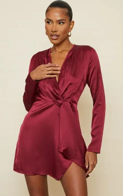 Burgundy Satin Long Sleeve Wrap Dress