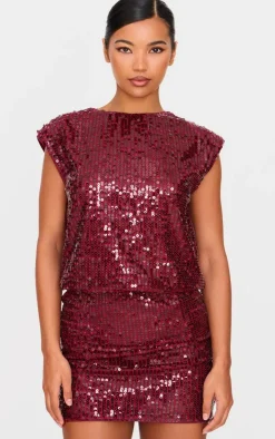 Burgundy Sequin Shoulder Pad Sleeveless Bodycon Dress